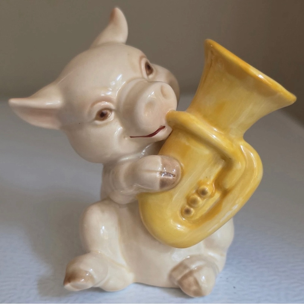Vintage 4" Goebel Porcelain Pig Playing French Horn